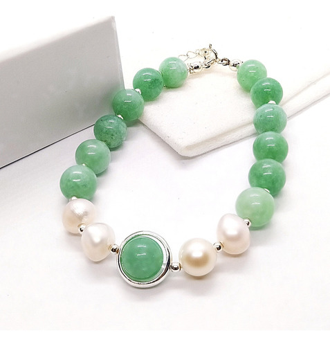 Pulsera Plata 925 Jade Genuina Y Perlas Cultivadas 