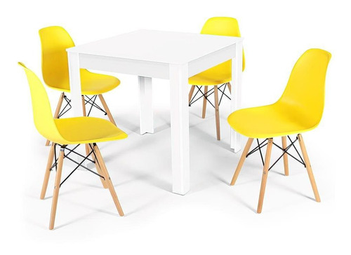Mesa De Jantar Sofia Branca 80x80cm + 4 Cadeiras Eiffel Cor Amarelo