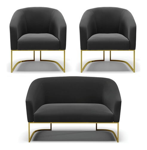 Namoradeira E 2 Poltronas Industrial Dourado Stella Suede