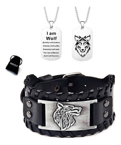 Pulsera De Cuero Lobo Vikingo + Collar Placa Militar Acero