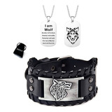 Pulsera De Cuero Lobo Vikingo + Collar Placa Militar Acero