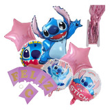 Combo X7u Banderin Globos Cortina Metalizado Stitch Cumple