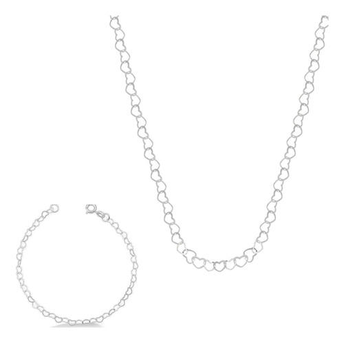 Kit Feminino  Colar 40cm +  Pulseira Elo Coração Prata 925