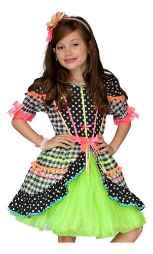 Vestido Infantil Festa Junina Bambolê Neon Xadrez 753