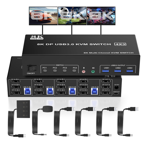 Conmutador Kvm Usb 3.0 De 8k Displayport, 3 Monitores, 4 Com