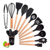 Set Utensilios De Cocina Kit X12 Silicona Mango Madera 90493