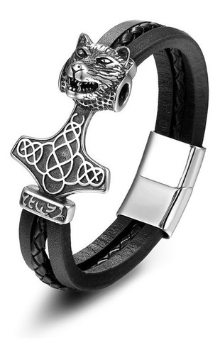 Pulseira Viking Thor Cabeça De Lobo De Aço Inoxidável