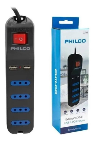 Alargador Philco Xt 41 Extensión 4 Tomas 2 Usb Negro