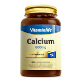 Cálcio Calcium 600mg C/ Vit D3  - 60 Comprimidos Vitaminlife Sabor Sem Sabor
