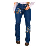 Calça Jeans Feminina Country Bordada Cavalo Flare