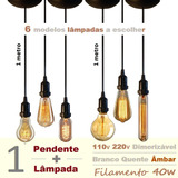 1 Luminária Pendente Completa + 1 Lâmpada Retro Vintage Gd