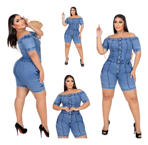 Macacão Ciganinha Short Jeans Feminino Essência Plus Size