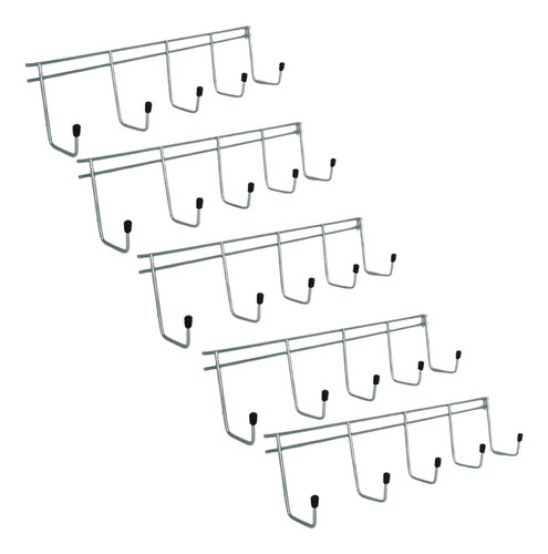 5 Suporte Parede Cabide Vassoura 5 Ganchos Prata Cromado Kit