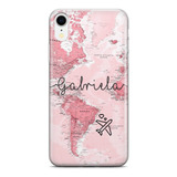 Capinha De Celular Mapa Mundi Rosa Com Nome Avião Viagem