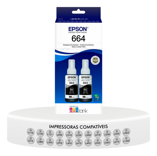 Kit 2 Refis Tinta Preta T664 Original Epson L365 L395 L555