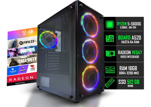 Torre Gamer Rgb Amd Ryzen 5 5600g + 16gb + Ssd 240 @pd