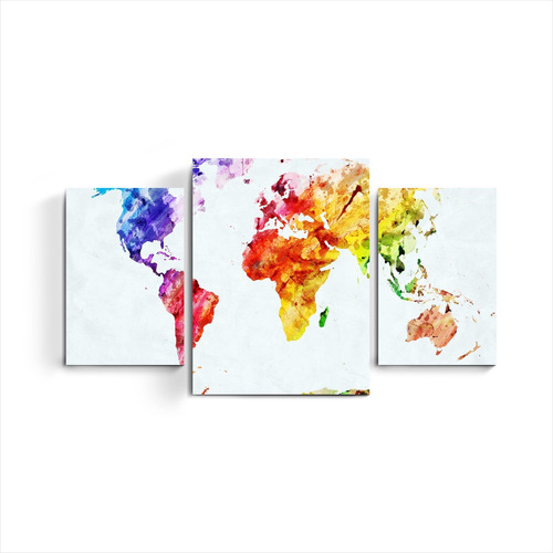 Cuadro Triptico Mapamundi Moderno Mapa Mundi Color Abstracto