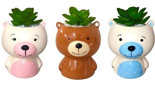 Trio Cachepo Urso Bebe 3 Vasinhos P/ Suculenta De Ceramica 
