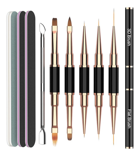 Set X 5  Pinceles Dobles Liner, Polygel, Flat Para Manicura 