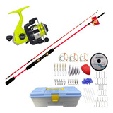 Kit Pesca Caña Maciza + Reel Frontal 3 Rulemanes + Caja Rio