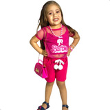 Kit 3 Peças Infantil Barbie Top + Shorts + Blusa De Brilho