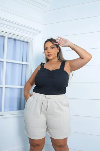 Bermuda Feminina De Linho Plus Size Cintura Alta Com Cordão | Parcelamento sem juros