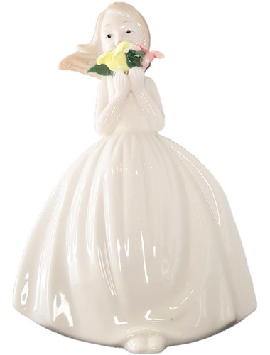 Figura Dama Niña Muñeca Con Flores De Cerámica Y Porcelana.