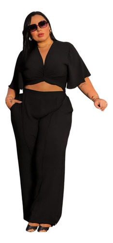 Conjunto Feminino Blusa Cropped Plus Size E Calça Pantalona