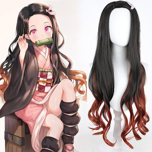 Peluca De Cosplay Kamado Nezuko Cabello Rizado Negro Naranja