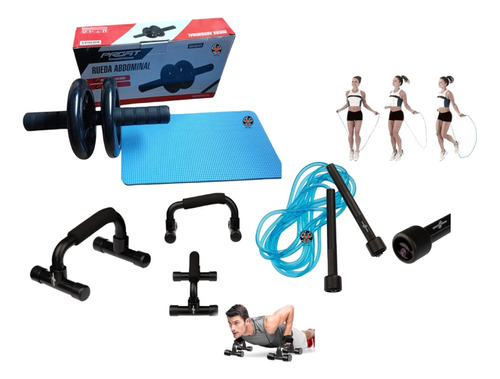 Kit Rueda Abdominal En Goma + Lazo Salto +push Ups Flexiones