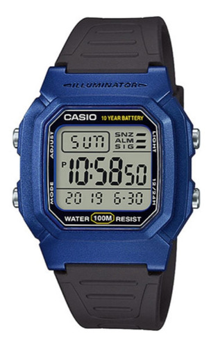 Reloj De Pulsera Casio Collection W-800h-1avdf De Cuerpo Color Azul, Digital, Para Hombre, Fondo Blanco, Con Correa De Resina Color Negro, Dial Negro, Minutero/segundero Negro, Bisel Color Azul Y Hebi