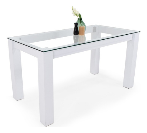 Mesa De Comedor Turín 6 Puestos Blanca Tapa Vidrio Patas Blanco