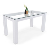 Mesa De Comedor Turín 6 Puestos Blanca Tapa Vidrio Patas Blanco