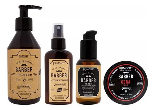 Kit Primont Barber Shampoo Cera Acondicionador Serum Barba