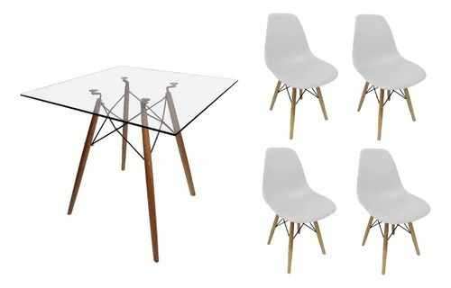 Mesa Jantar Quadrada 90cm Base Eiffel Vidro 6mm 4 Cadeira Cc