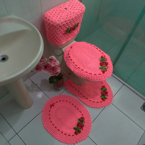 Tapete Crochê Colorido Banheiro Jogo 4 Peças Caixa Promoção
