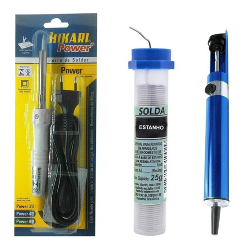 Kit Ferro Solda Hikari + Sugador Metal Hk 192 + Rolo Estanho