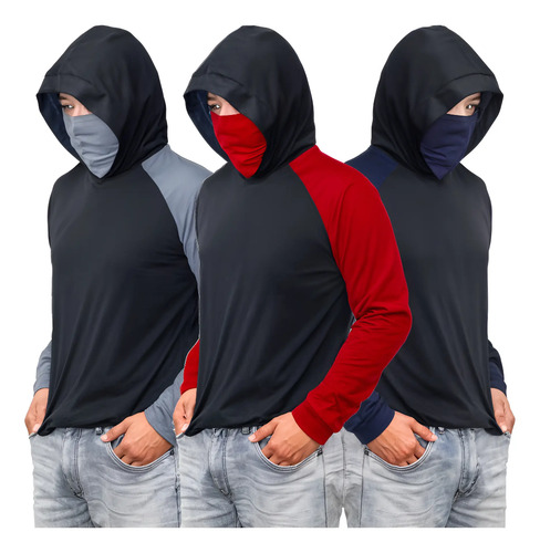 Playera Manga Larga Calada Jaspe 3 Piezas Delgada Con Gorro