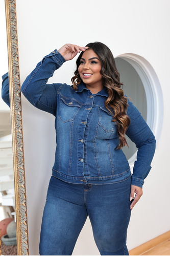 Jaqueta Jeans Feminina Plus Size Com Lycra E Botões Inverno