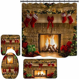 Juego De Cortinas De Ducha Para Chimenea De Navidad, Co...