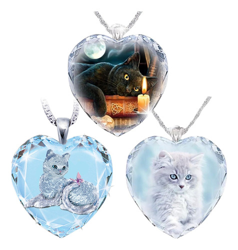 Collar Con Dije Corazón De Cristal Con Figura De Gato 3*pzs 