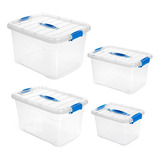 Kit 4 Cajas Organizadoras Plásticas Transparentes Con Tapa Color Azul Liso