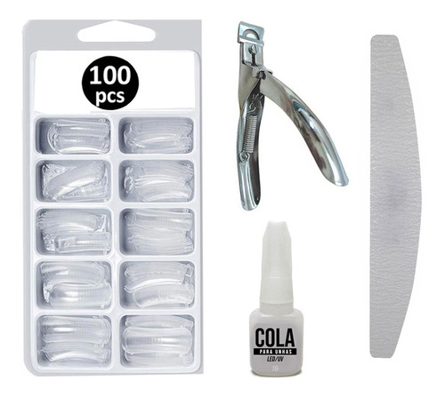 Kit Unhas Postiças 100 Un, Cola 3g, Alicate, Lixa Para Unhas