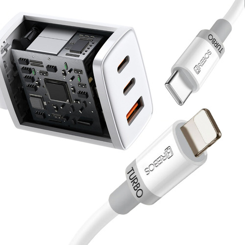 Carregador Fonte P/iPhone Triplo Usb C 58w Cabo Lightning