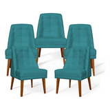 5 Cadeiras De Jantar Paris Suede Azul Turquesa Pés Claros