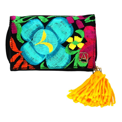 Cartera De Piel Con Telar Artesanal Broche De Imán Y Cierre Color Negro Diseño De La Tela Kate Telar
