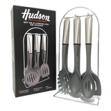 Set 6 Utensillos De Nylon Mango Acero Con Soporte Hudson Cucharon Espatula Espumadera Cuchara Guiso Legumbres Fideos Bz3