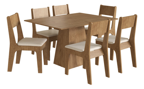 Juego De Comedor Mesa Rectangular + 6 Sillas Beige Mdf 