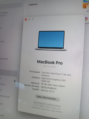 Macbook Pro 16  A2141 Año 2019 16gb Y Disco 500