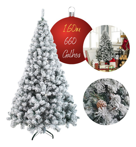 Árvore Natal Luxo Nevada 1,60m Pinheiro Natal C/ 660 Galhos